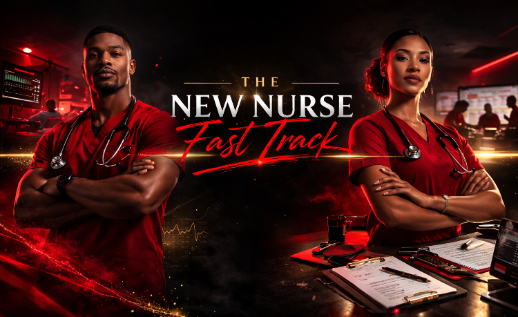 Two nurses in red scrubs with 'The New Nurse Fast Track' text on a dark background.