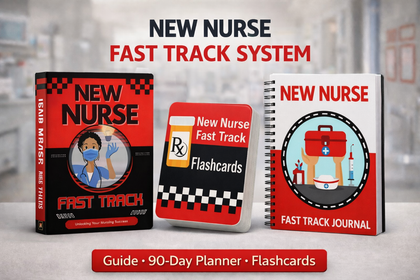New Nurse Fast Track System books and flashcards on a blurred background