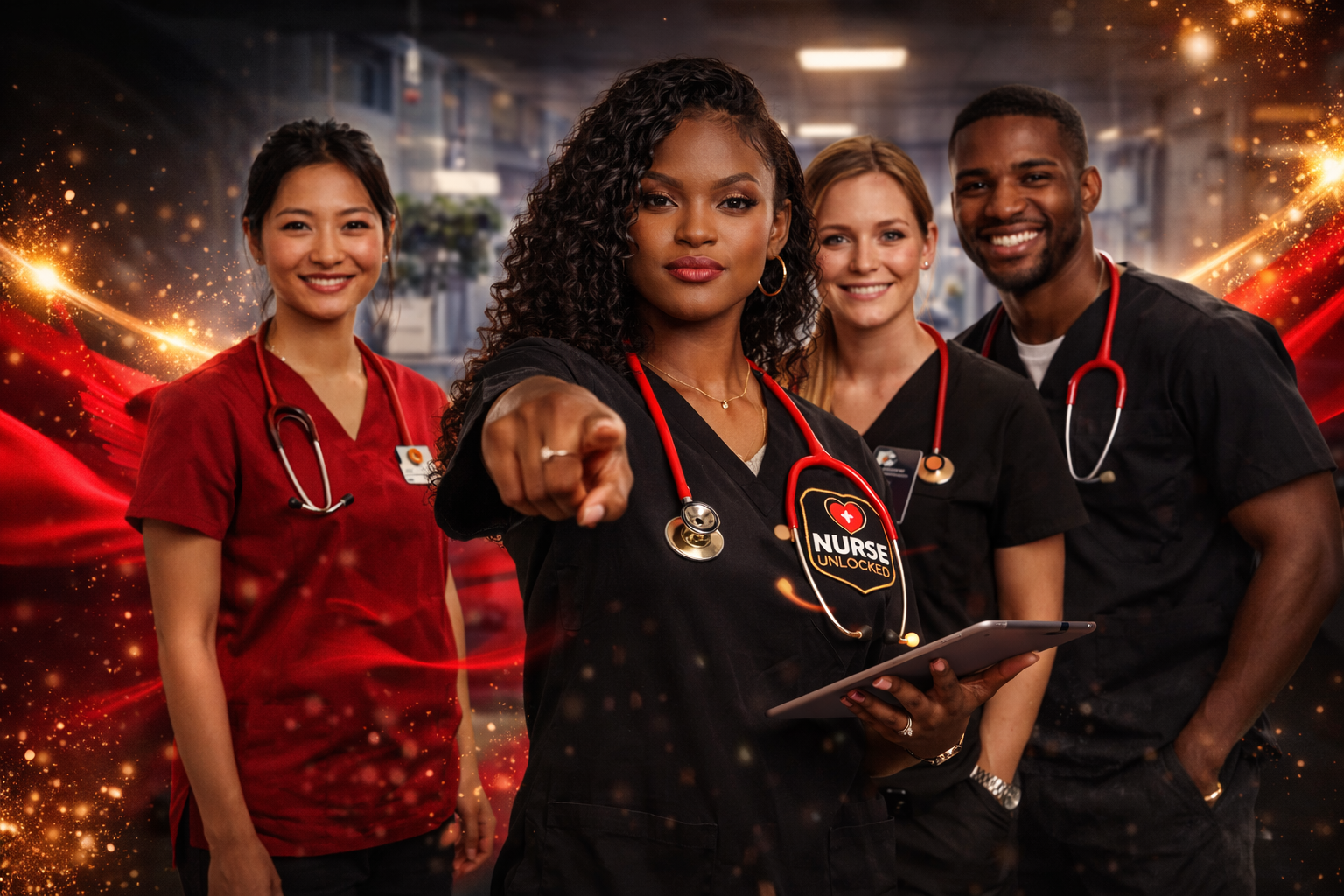 Four healthcare professionals in a hospital setting with a dynamic background