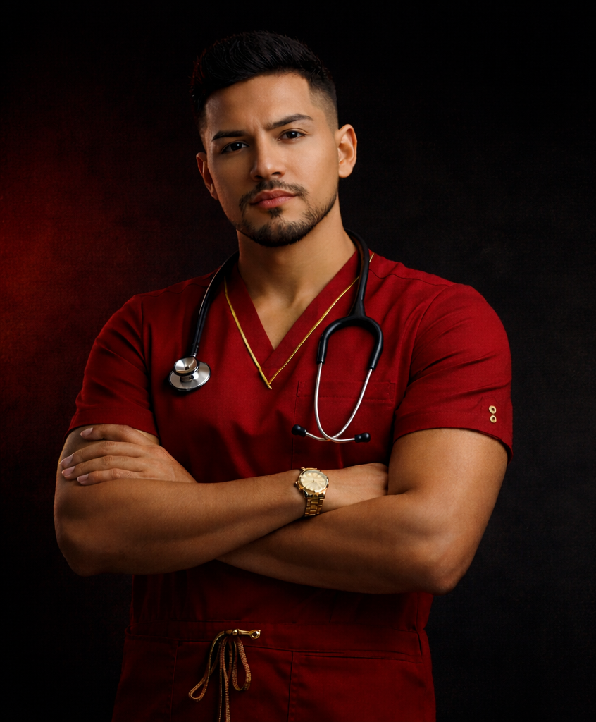 Person wearing red medical scrubs with a stethoscope on a black background
