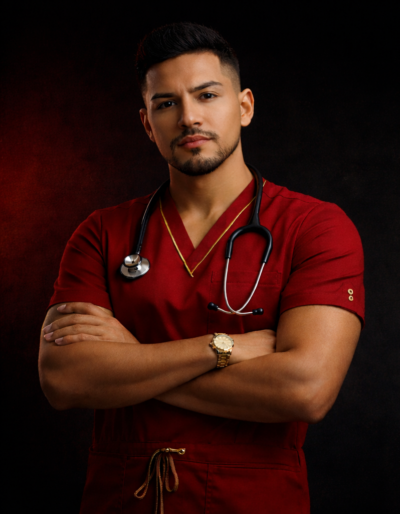 Person wearing red medical scrubs with a stethoscope on a black background
