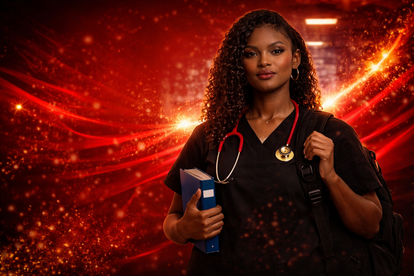 Person in a medical outfit with a stethoscope and books against a red, glowing background