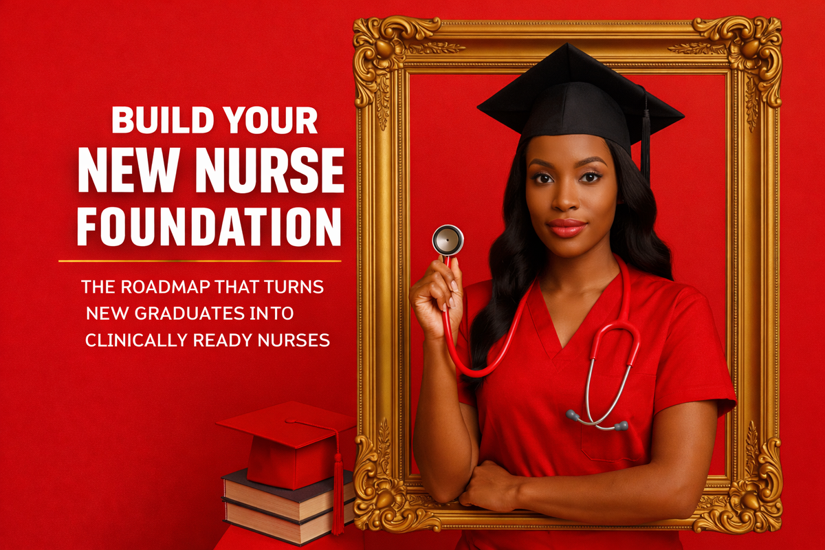 Graduating nurse holding a stethoscope with text on a red background