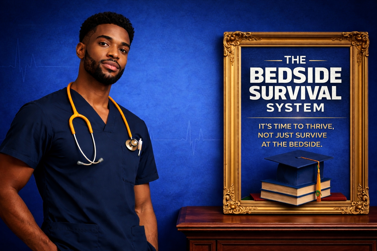 Person in medical scrubs standing next to a framed motivational poster on a blue wall.