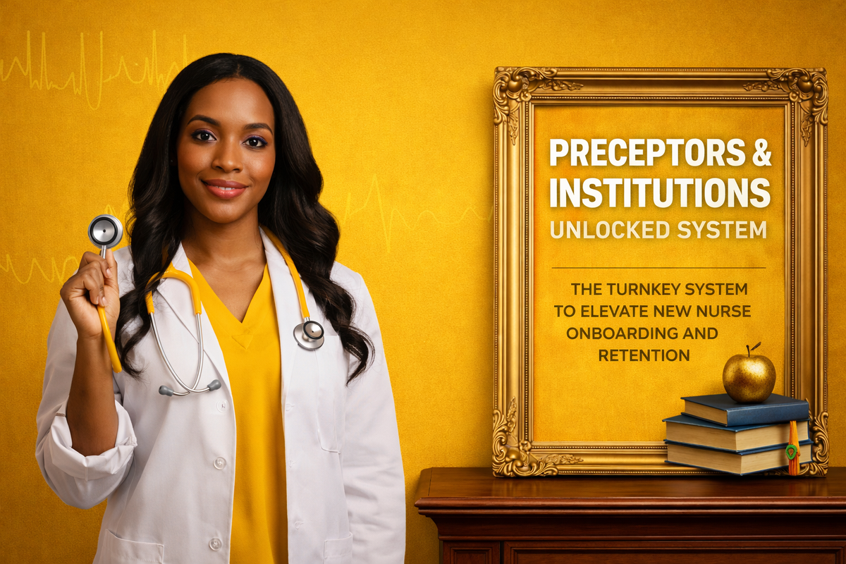Woman in a white coat holding a stethoscope with a framed text on a yellow background