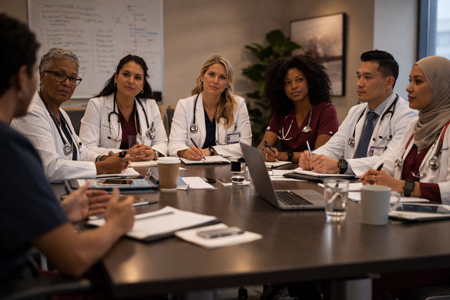 Group of medical professionals in a meeting room with stethoscopes around their necks.